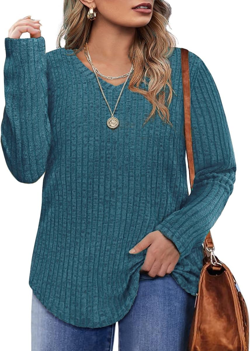 CARCOS Plus Size Tops for Women Long Sleeve Fall Shirts Lightweight Sweaters Basic V Neck Tunics 2024 Casual T Shirt XL-5XL