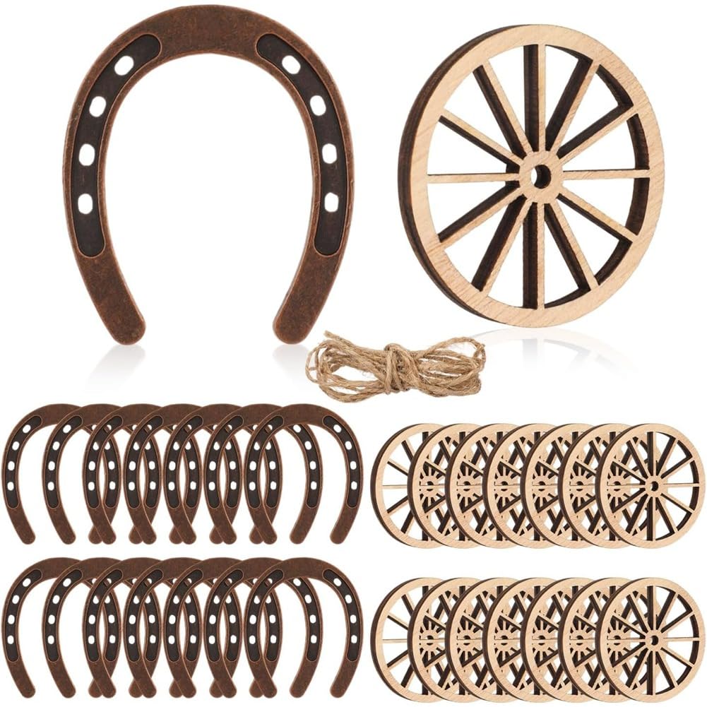 CTRLZS Mini Horseshoes Wagon Wheel Decorations 28Pcs for Western Theme Party Decor for Crafts Western Cowboy Table Centerpieces