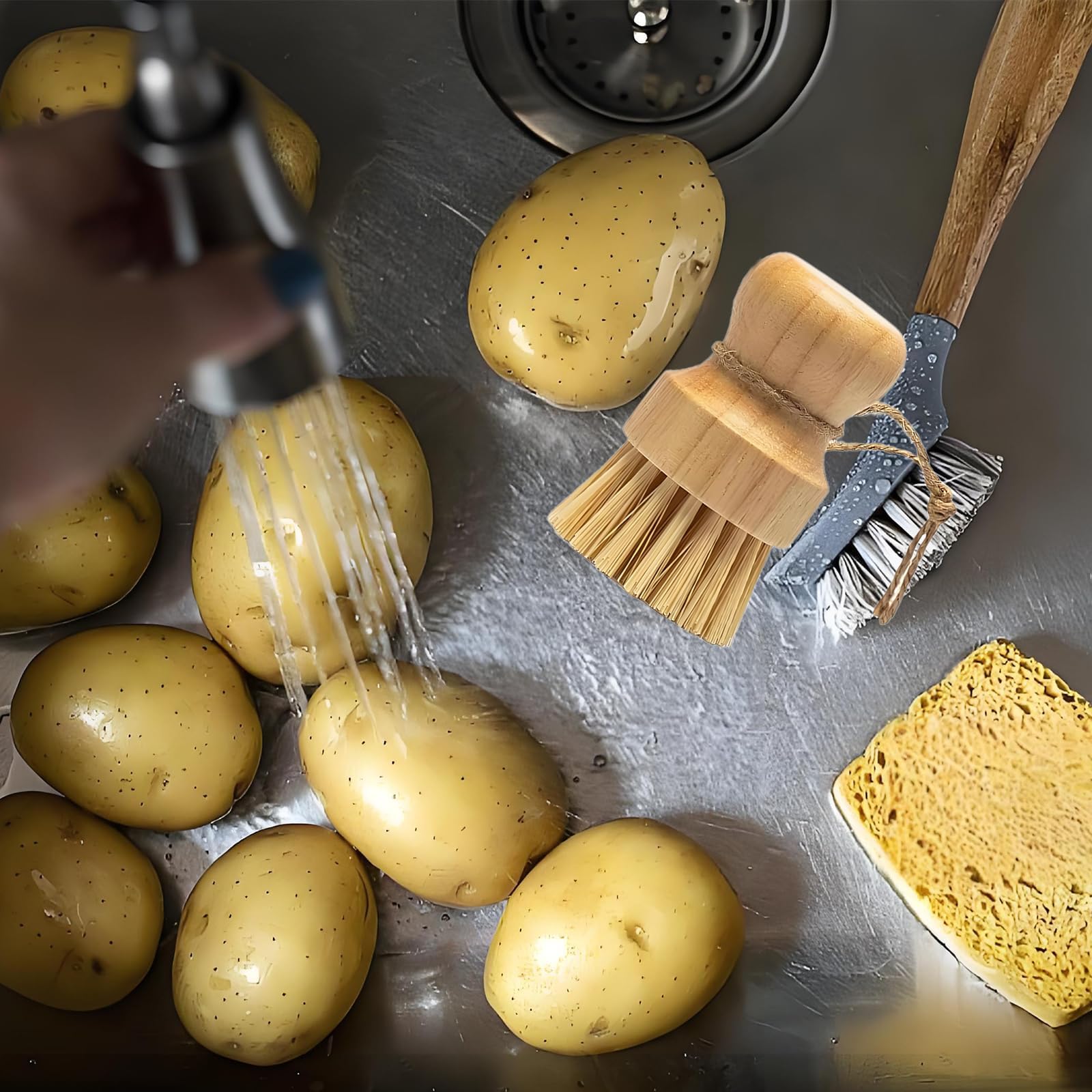 Juego de 6 cepillos de champiñones, con tres ganchos, respetuoso con el medio ambiente, cepillo de champiñones, cepillo de verduras, cepillo de bambú para patatas, limpieza de cocina, baño, limpieza