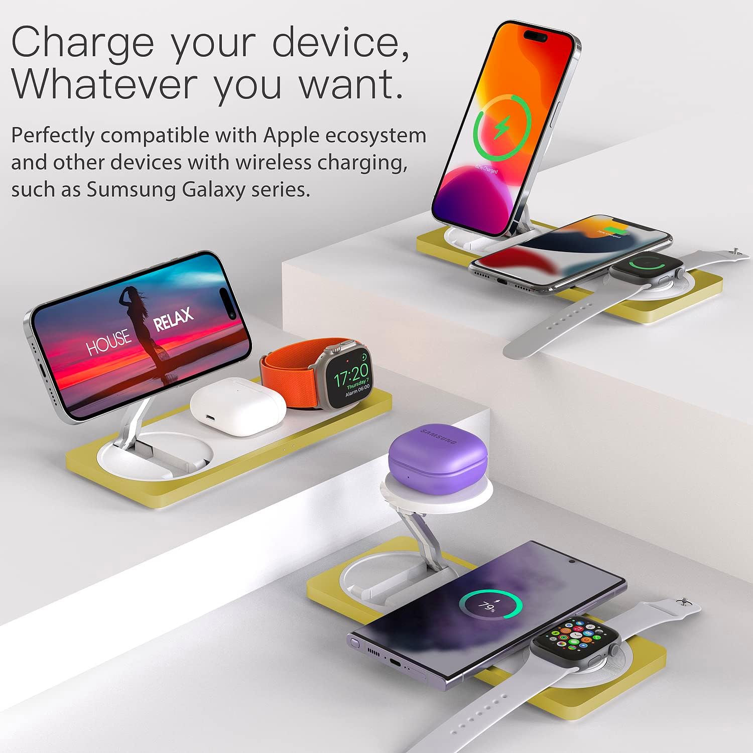 3-in-1 Charging Station for Apple Devices: Used for iPhone and Watch Charging Station with Magsafe Charger Stand, Wireless Charger for iPhone 17 Air 16 15 14 13 Series, Apple Watch Ultra, AirPods Pro