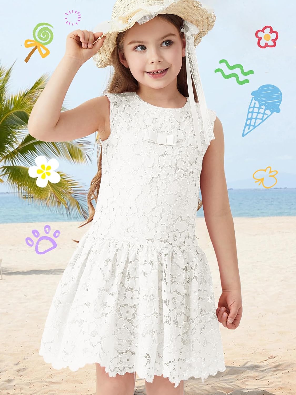ALLOVIN Girls & Toddlers Lace Drop Waist A-Line Flower Girl Dress Sleeveless Wedding Birthday Party Dress with Bowknot 4-9Y