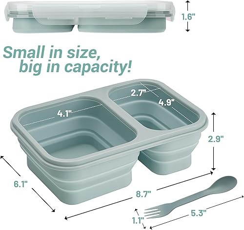 Miniatura 2 de Recipientes de almuerzo plegables azules con tapa con 2 compartimentos | lonchera con utensilios | Bento plegable de silicona para adultos | sin BPA