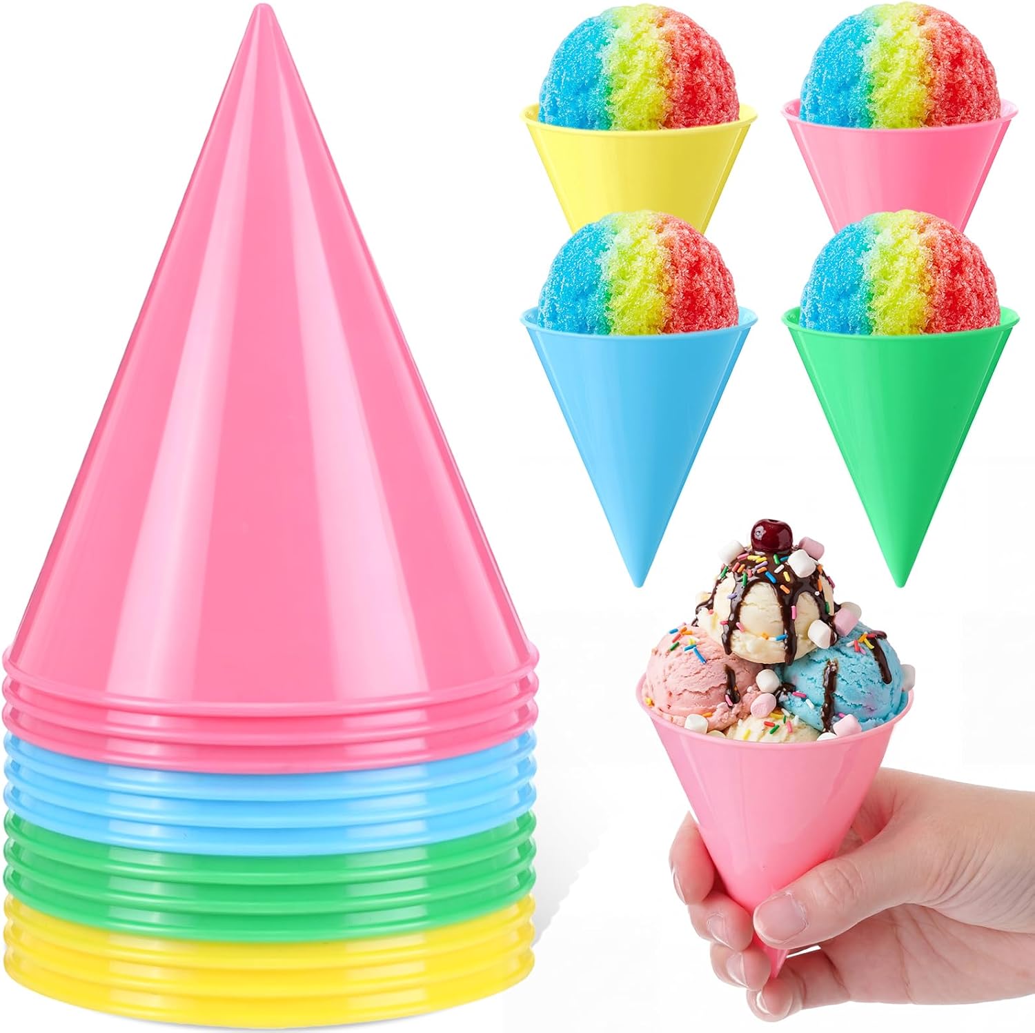 FoldTier 12 Pack Reusable Snow Cone Cups 6 oz Plastic Shaved Ice Cups Compatible with Snow Cone Machine Leakproof Dishwasher Safe for Slushies Syrup Ice Cream Party (Candy Colors)