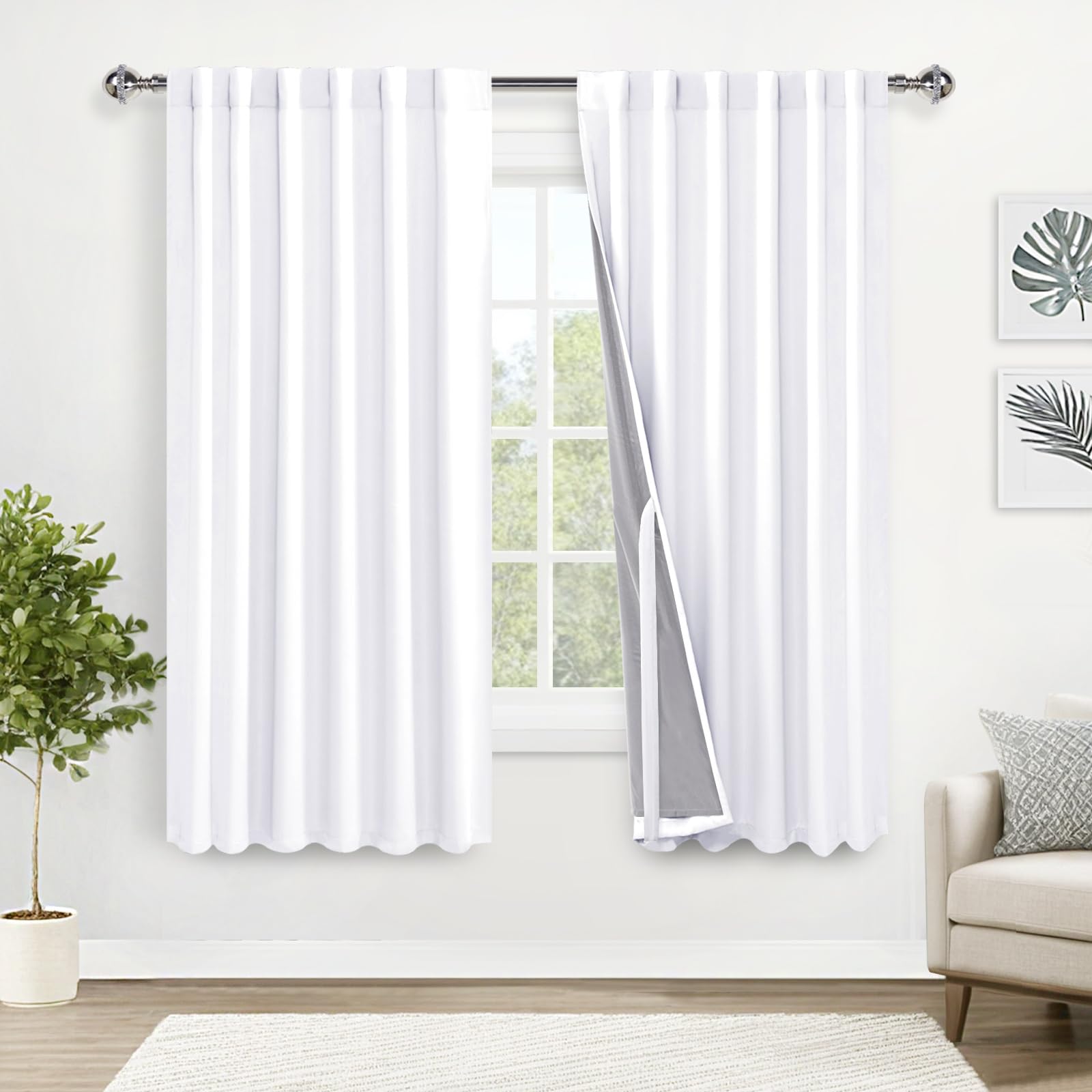 XWZO White Blackout Curtains 2 Panels - Room Darkening Thermal Insulating Back Tab & Rod Pocket Bedroom Curtains with Tiebacks for Nursery Rideaux, W52 x L63