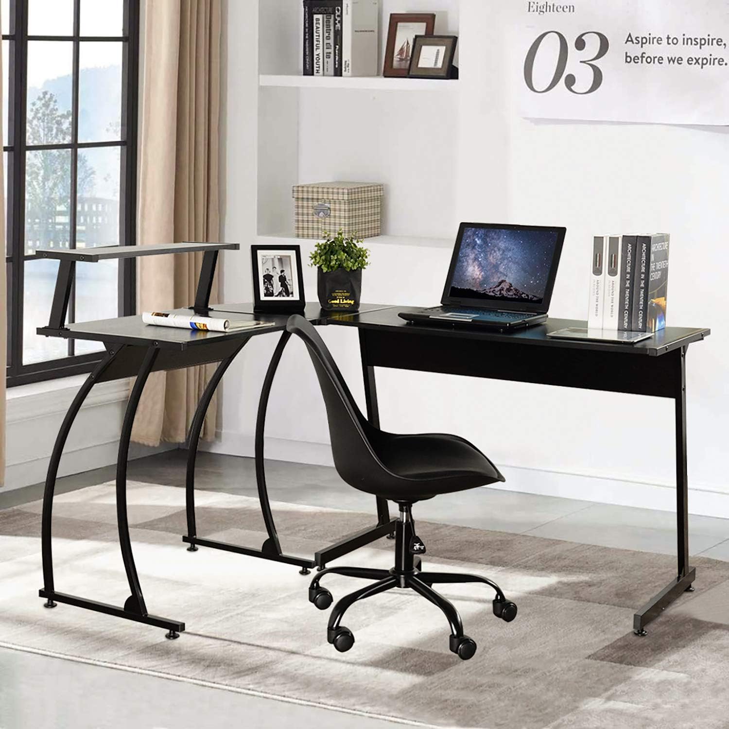 GreenForest L Shaped Corner Desk, 58.1” x 44.3” Computer Gaming Desk with Shelf PC Laptop Workstation for Home Office, Black