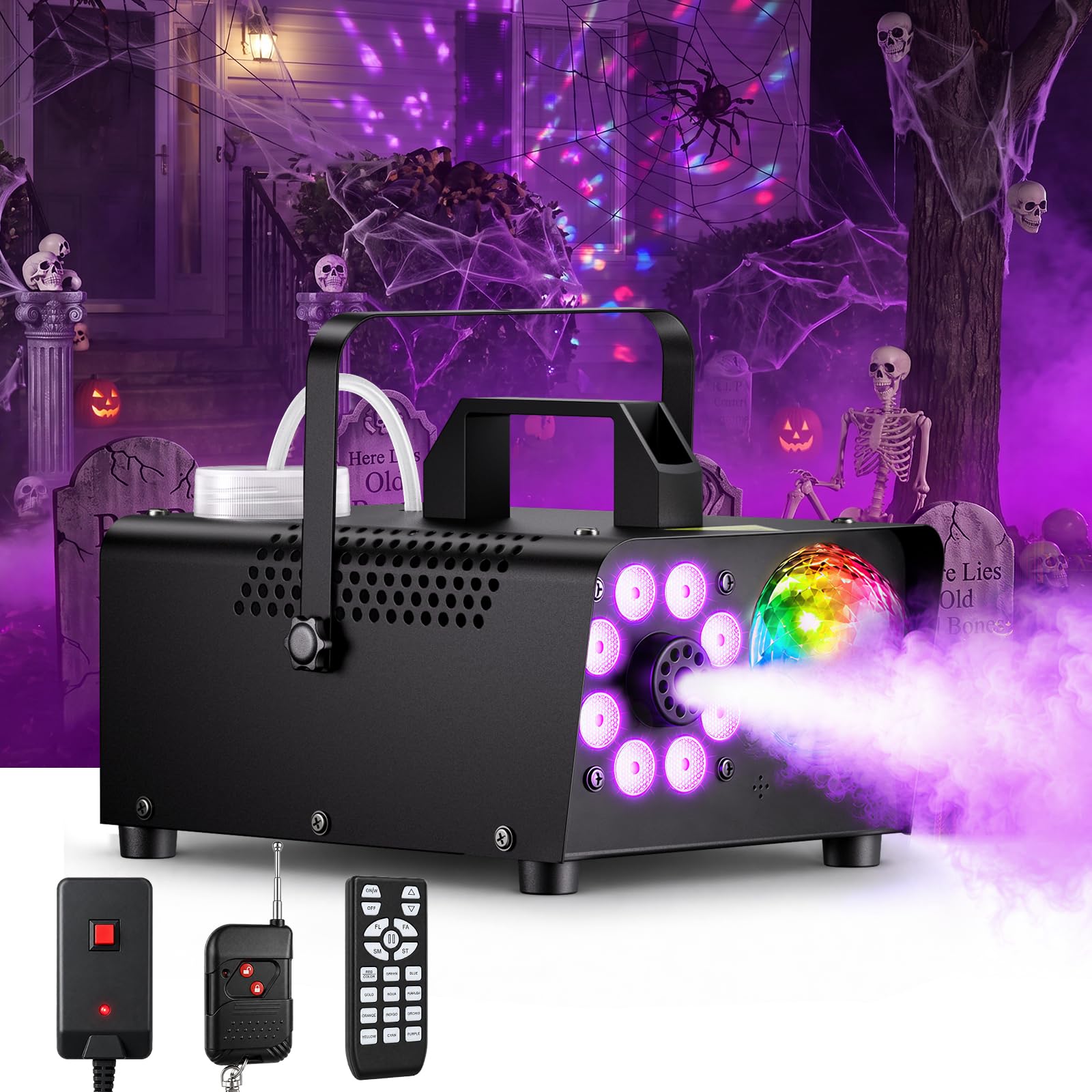 FALOVE 800W Halloween Fog Machine with 8 LEDs and Magic Disco Ball Light