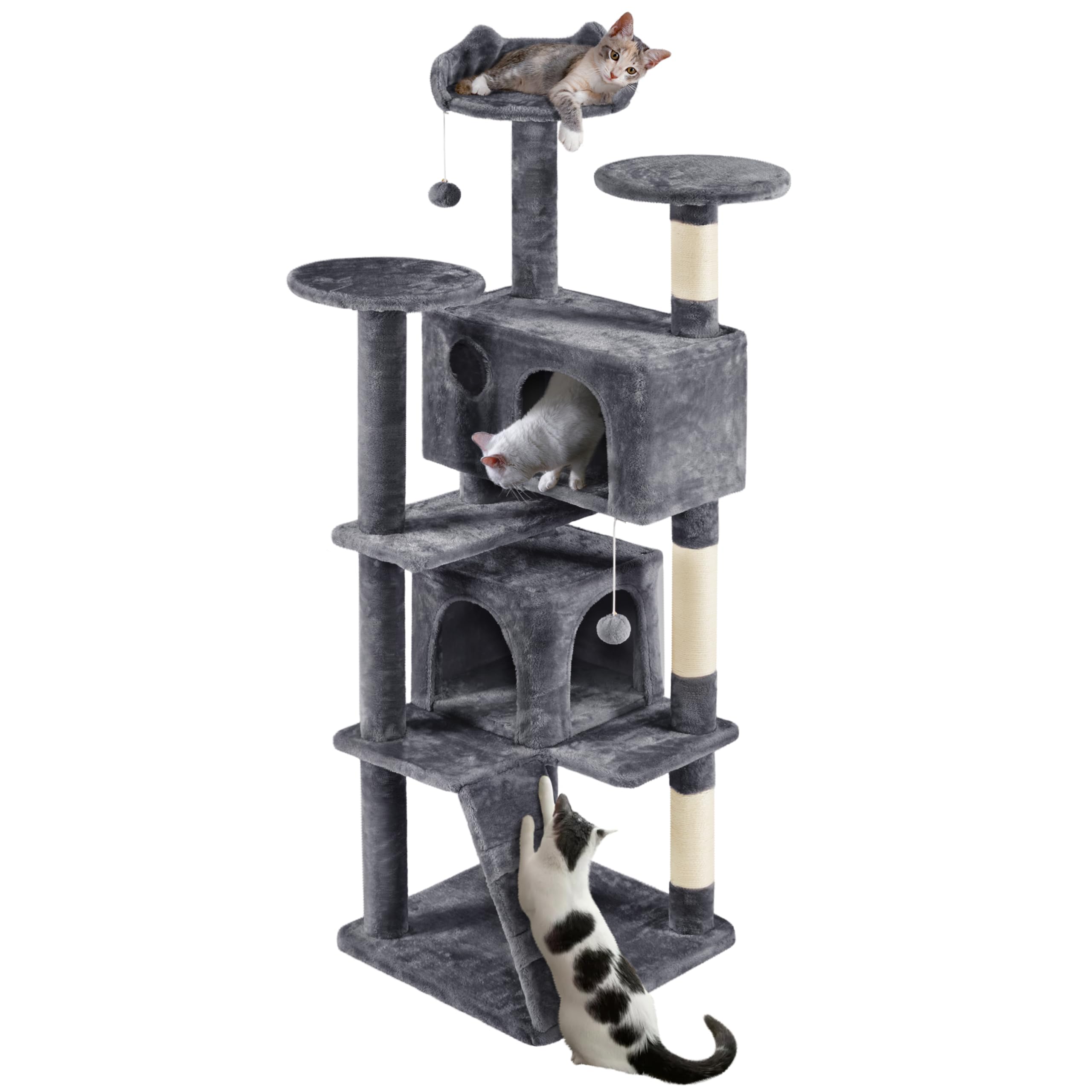 Yaheetech Albero Tiragraffi per Gatti 178 cm con 3 Posatoi 2 Palle 2 Condomini 3 Tiragraffi a Corda di Sisal Gioco Giocattolo Grigio Scuro