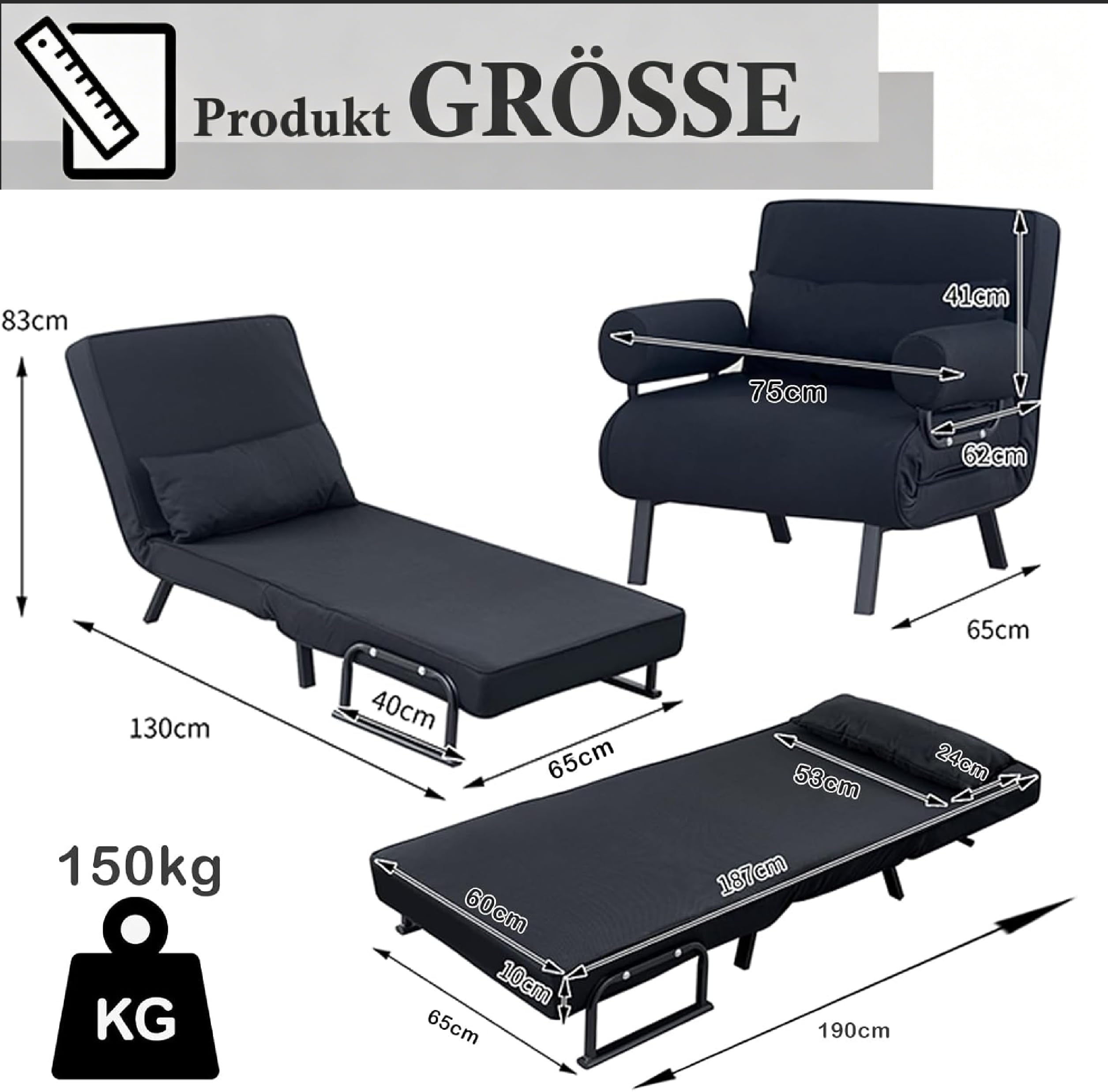 Schlafsofa 4-In-1 Verstellbare Schlafsessel, 65cm, Schwarz