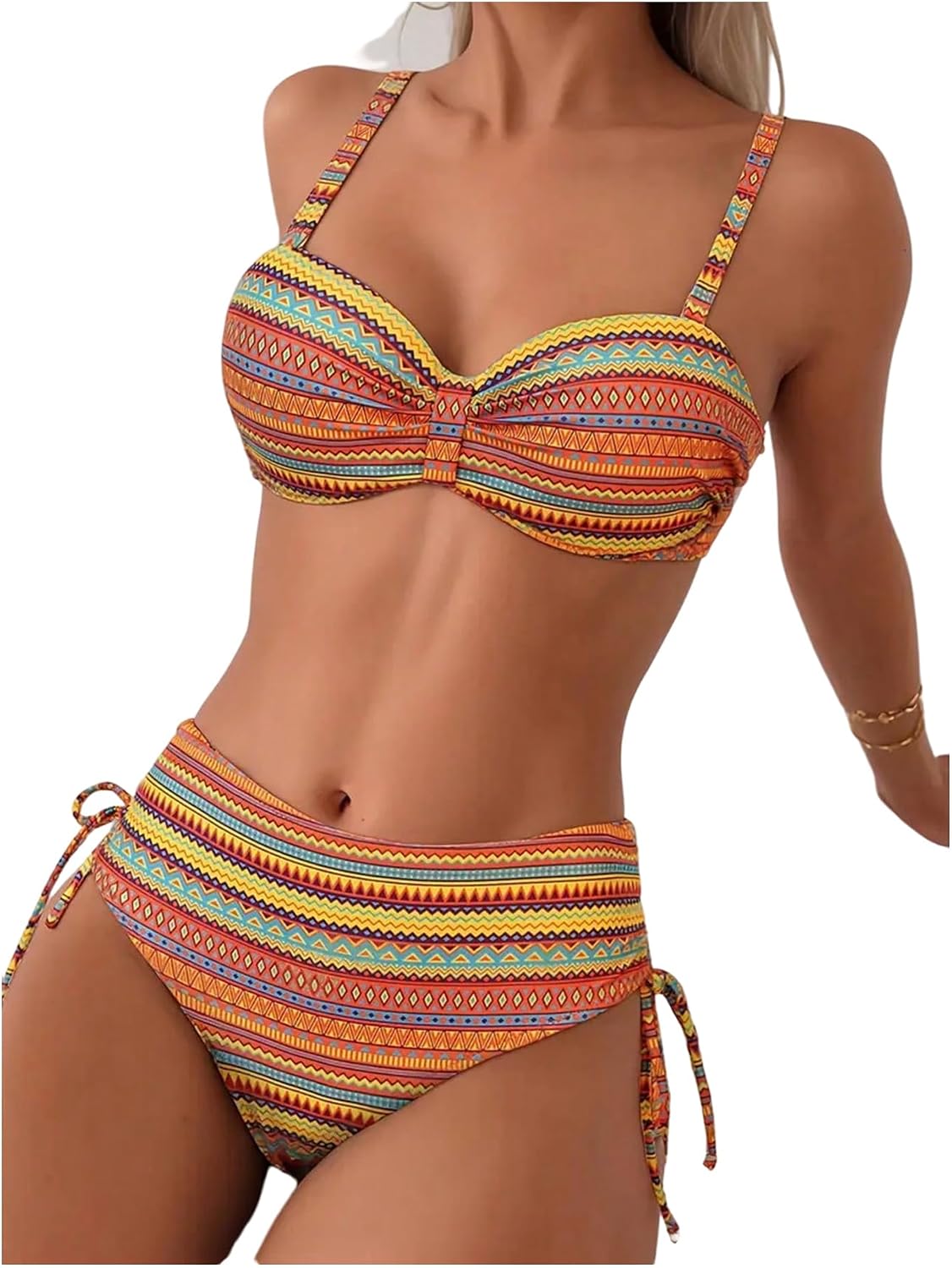 GORGLITTER Women's High Waisted Bikini Set Underwire Tie Side 2 Piece Boho Striped Swimsuits