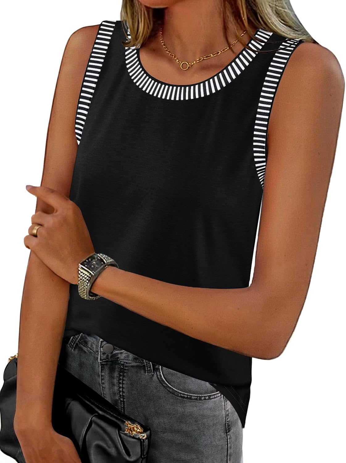 MEROKEETY Women’s 2025 Summer Casual Sleeveless Tank Top Crew Neck Striped Color Block T Shirts