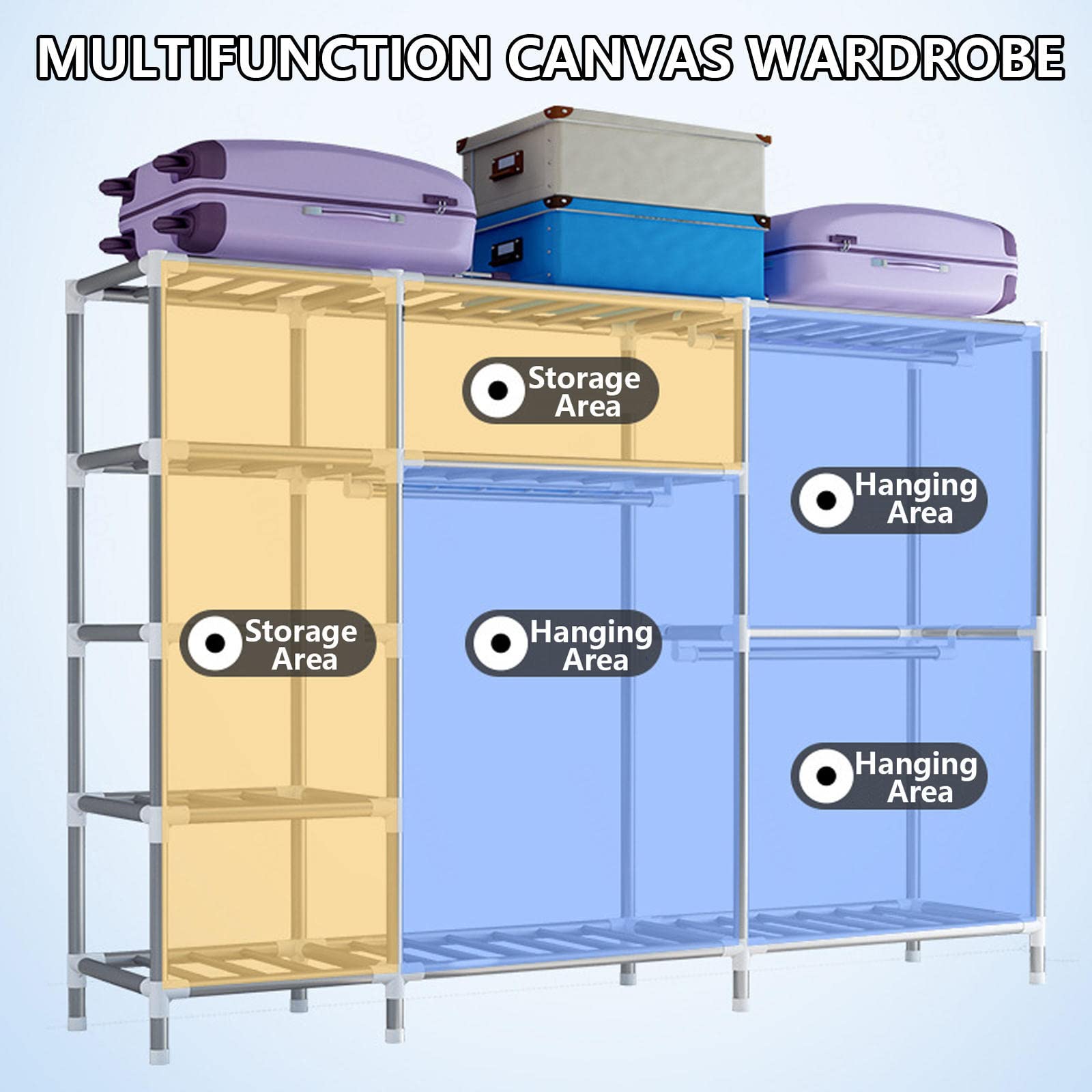 Canvas-Kleiderschrank, tragbarer Kleiderschrank, Aufbewahrungsorganisator für Kleiderschränke mit Kleiderstange, Regalen, Stoffbezug, faltbarer Schrank für Schlafzimmer, Wohnzimmer