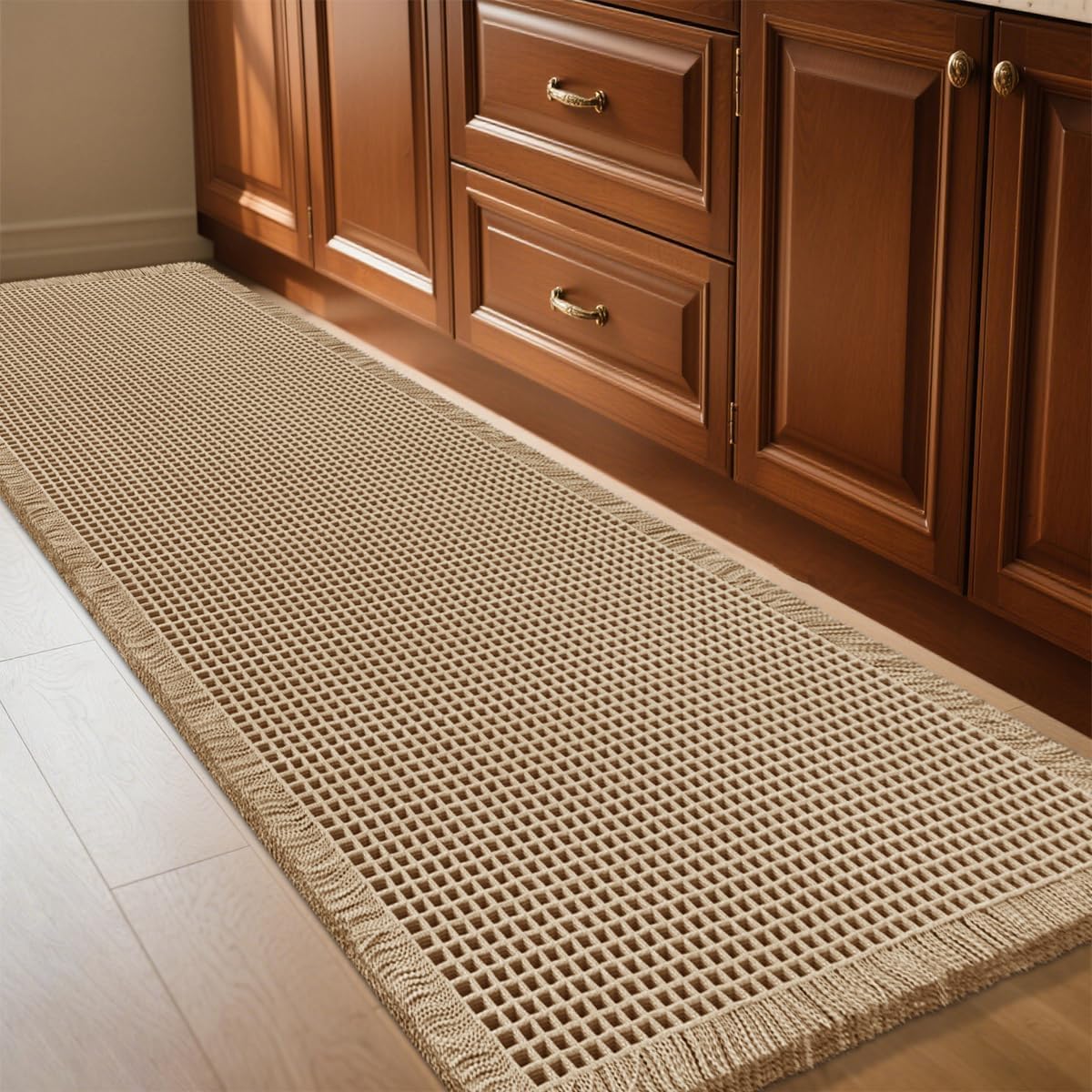 Extra Large Waffle Bath Mat Beige 6'x2'(72" x 24"), Boho Woven Modern Bath Mat Rugs, Absorbent Non Slip Bathroom Rugs, Soft Washable Bath Rugs with Tassels for Bathroom, Bedroom, Kitchen, Shower, Tub