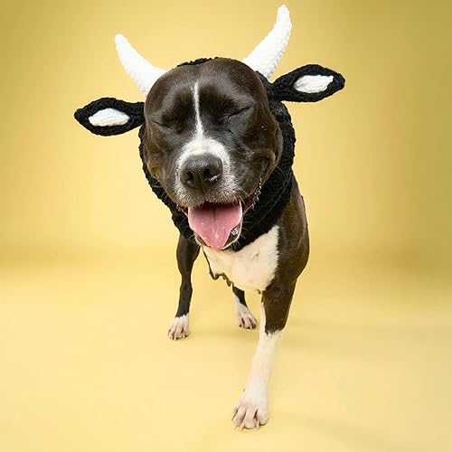 Miniatura 9 de Zoo Snoods Disfraz de perro toro, tamaño mediano, capucha cálida sin solapa para las orejas, traje de perro con cuernos para invierno, Halloween,