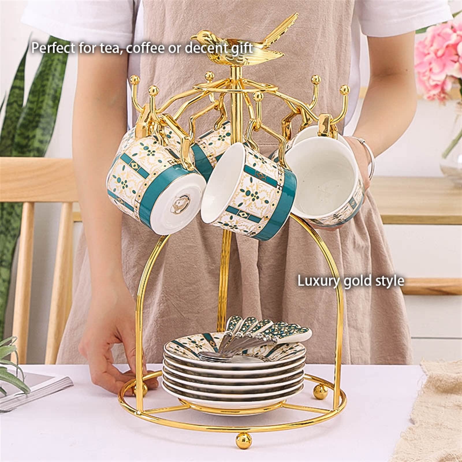 Luxus Gold Bone China Kaffee Set Nordic Porzellan Tee-Set Topf Tasse Keramik Becher Zucker Schüssel Creamer Teekanne Milch Krug Coffeeware (Color : 17pcs Set)