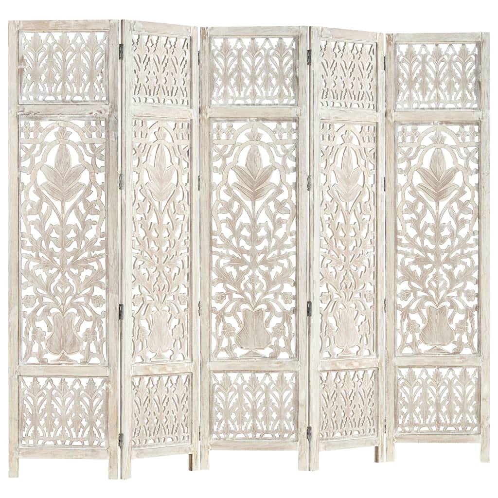 vidaXL Divisorio con 5 Pannelli Separè Speratore Paravento Richiudibile Mobili Arredamento Bianco 200x165 cm Legno Massello di Mango