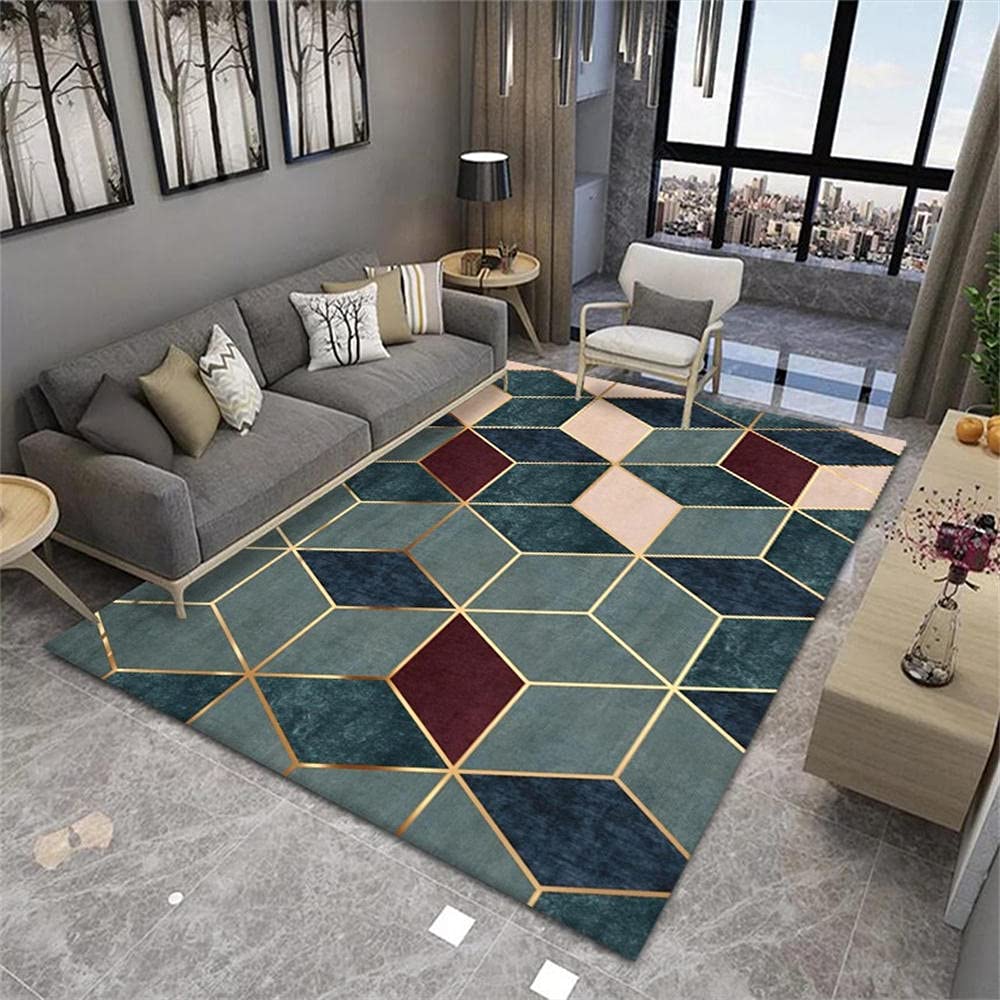 Tapis doux chambre enfant au graphisme géométrique 3D bleu et éclats d'or