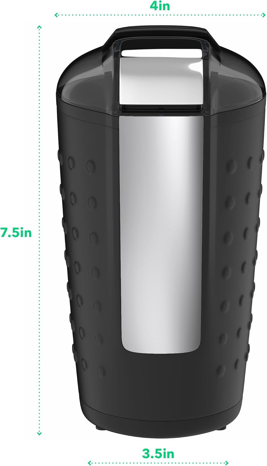 Vremi Electric Coffee Grinder with dimensions labeled: 7.5 inches height, 4 inches width, 3.5 inches depth