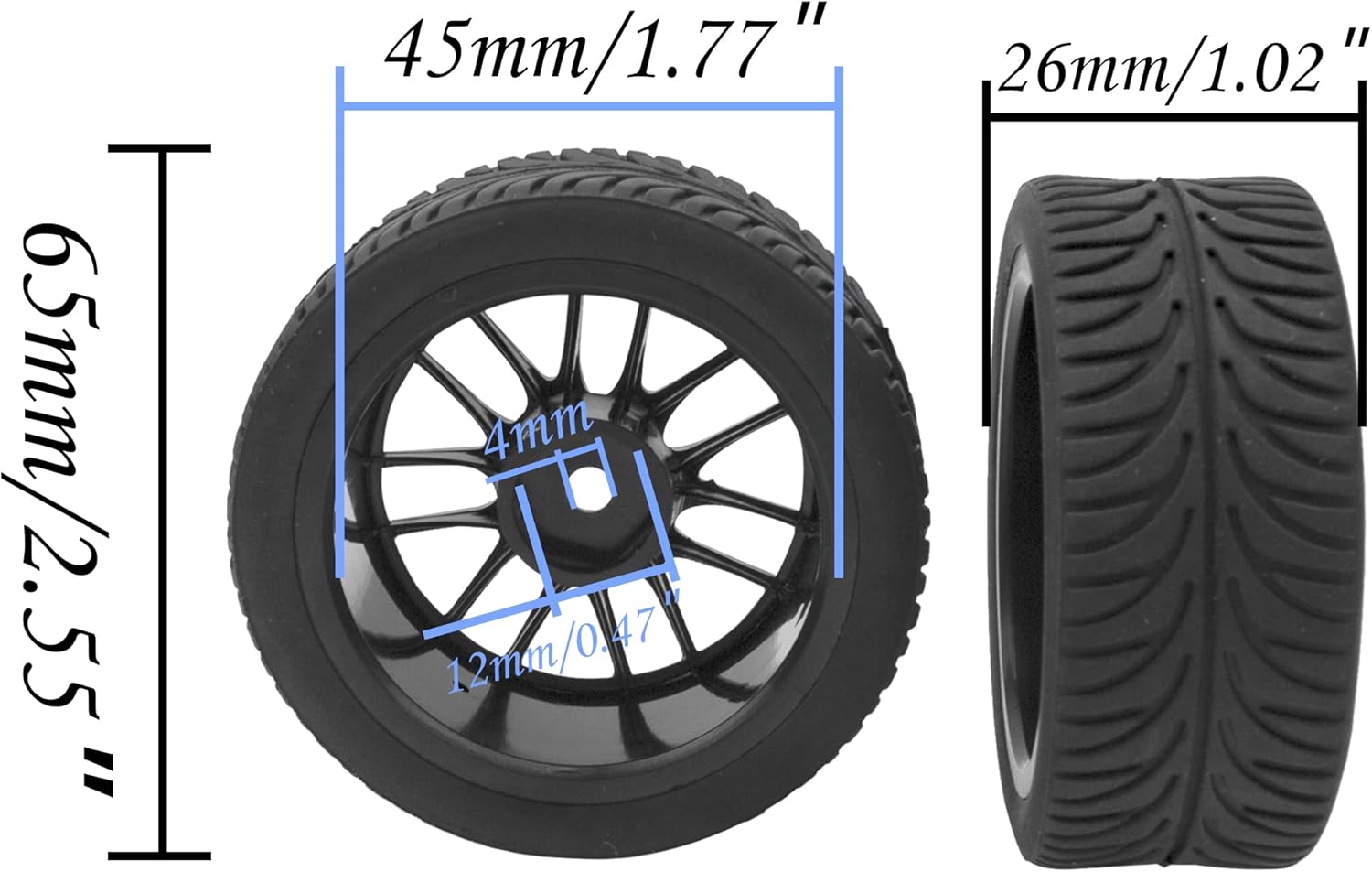 OD 2.55" Rubber Tires & Plastic Wheel Rims 12mm Hex Hub Compatible with HSP Tamiya HPI Kyosho Redcat ExceedRC 1/10 On-Road Touring Car,WLtoys 1/14 144001 RC Buggy (Silver)