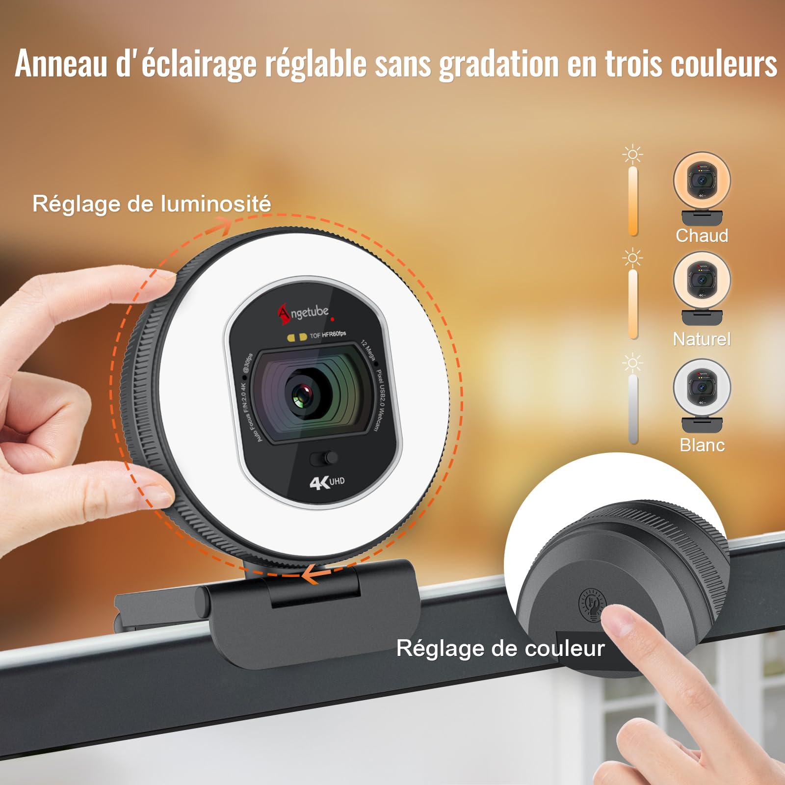 Angetube Webcam 4K avec lumière –caméra de Streaming de PC à autofocus PDAF | Webcam USB 1080P 60FPS avec double micro à réduction de bruit IA et cache-objectif intégré. Pour laptops,Mac et Windows