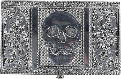 Caja decorativa de memoria de calavera de metal plateado para almacenamiento de tarjetas de joyería, decoración pirata