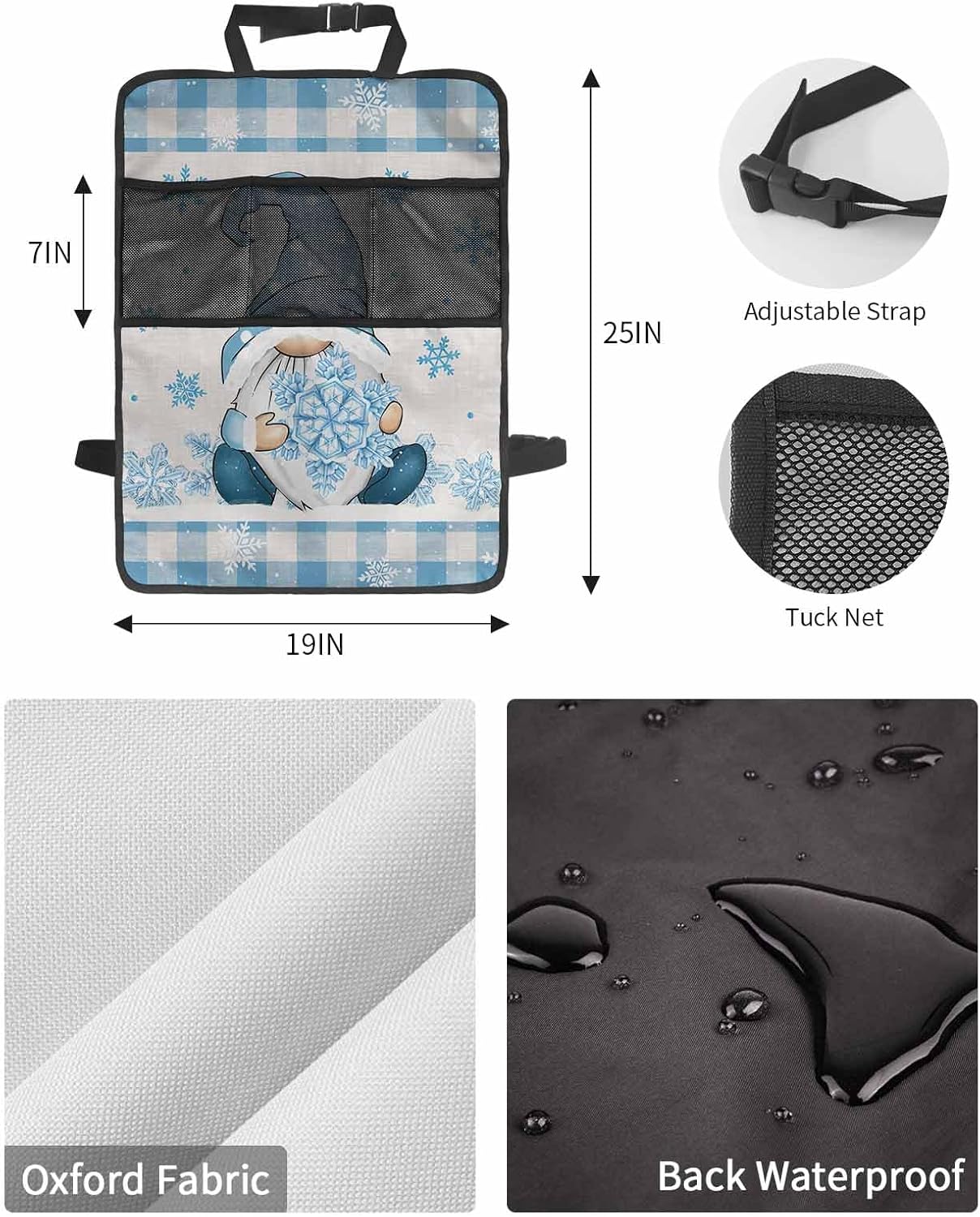 Car Seat Protector, 2 Pack Kick Mats with Organizer - 3 Pocket Storage, Christmas Gnome Snowflake Blue and White Buffalo Plaid Back Seat Cover for Kids Universal Fit Automotive Interior Protectors