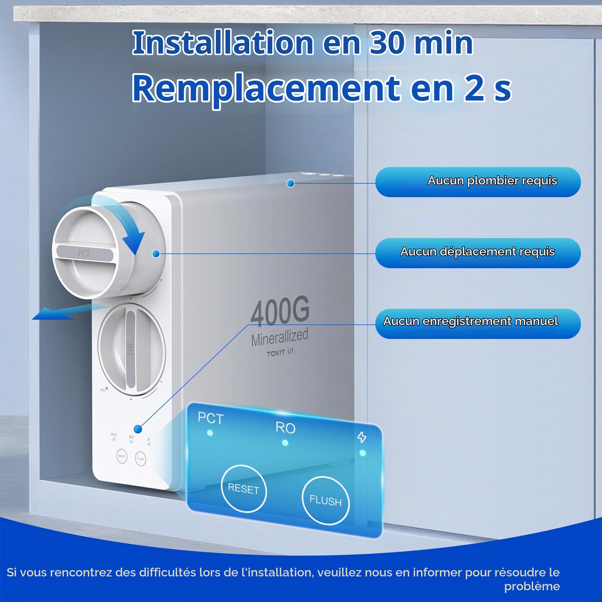 TOKIT Filtre À Eau Par Osmose Inverse, Système De Filtration Minérale Sous Évier, RO Filtration À Eau 400 GPD, NSF/ANSI 58, 2:1 Pureté À L'Évacuation, Réduction Des TDS (U1)