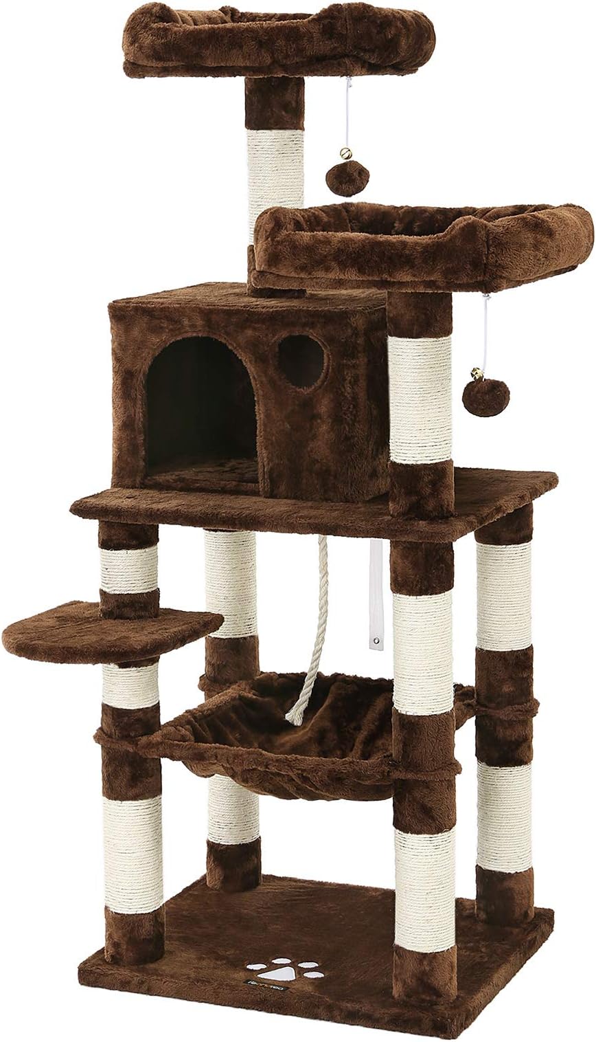 SONGMICS 58" Multi-Level Cat Tree with Sisal-Covered Scratching Posts, Plush Perches, Hammock and Condo, Cat Tower Furniture - for Kittens, Cats and Pets UPCT15Z