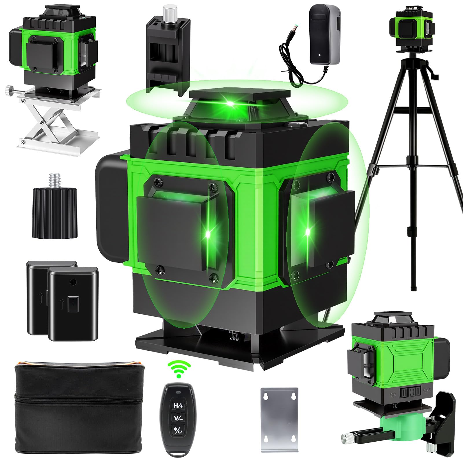 Laser Level with Tripod Self-Leveling 4 x 360°, 4D 16 Lines Lazer Level Tool with 2 x 2400mAh Batteries, Green Laser Spirit Levels with Wall Bracket, APP/Remote Control, Pulse Mode, IP54 Waterproof