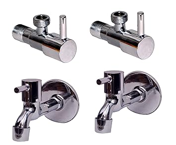 BHANMATI SANITARY ITEMS Prime Turbo Stainless Steel Long Body Taps & Angle Valve/Angle Wall for Uses Wash Basin/Bathroom/Geyser Chrome Finish (Free Wall Flame & Teflon Tape) Pack of 2 + 2
