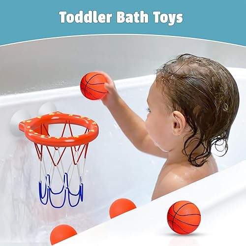 Miniatura 7 de MARPPY Juguetes de baño aro de baloncesto para bañera para niños pequeños y niños, juguete de ducha sin moho con 4 bolas sin agujeros, divertidos