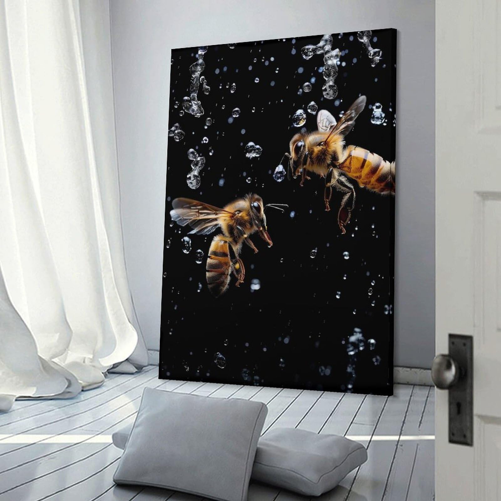 Junmoney Frame-Style-24 Honeybees In Raindrops Wall Picture Print, 24X36inch(60X90cm), For Wall Displays, Bedrooms Or Room Updates, Decorative Artwork With Flexible Styling