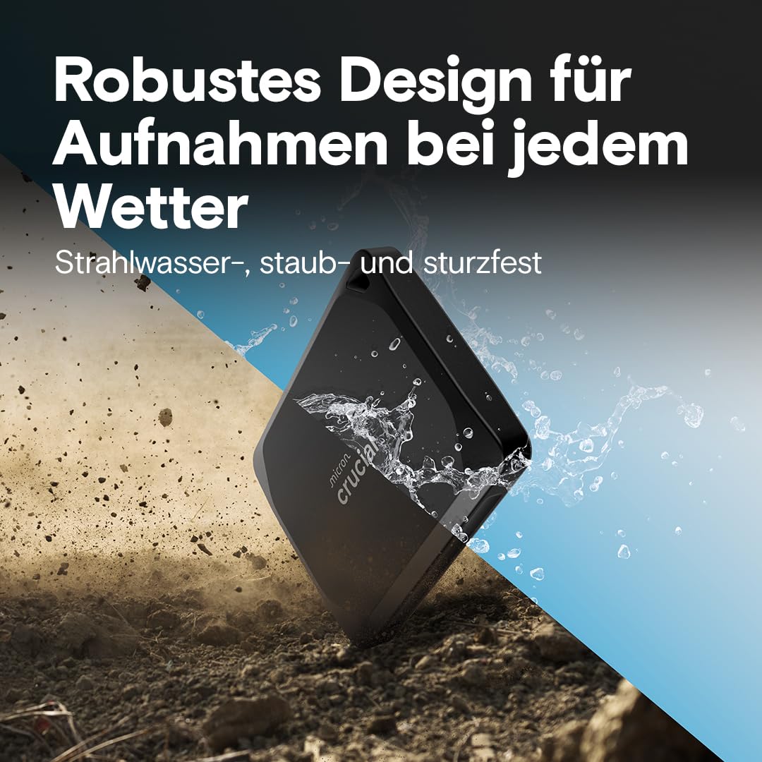 Crucial X10 Pro 1TB Externe SSD Festplatte, bis zu 2100MB/s Lesen und 2000MB/s Schreiben, Portable Solid State Drive, USB-C 3.2, PC und Mac, Wasser- und Staubgeschützt - CT1000X10PROSSD902