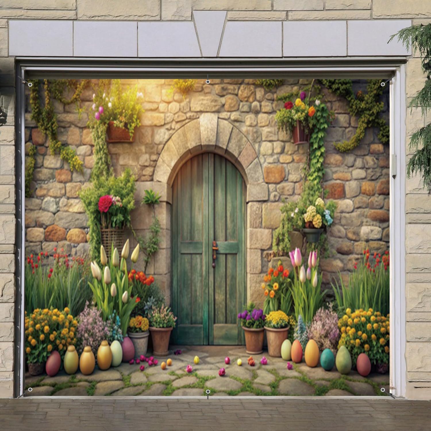 Easter Garage Door Cover Banner Decorations Backdrop 6x8ft Spring Easter Eggs Colorful Flowers Stone Wall Wooden Door Garage Door Outdoor Decorations Easter Party Baby Shower Garage Door Cover