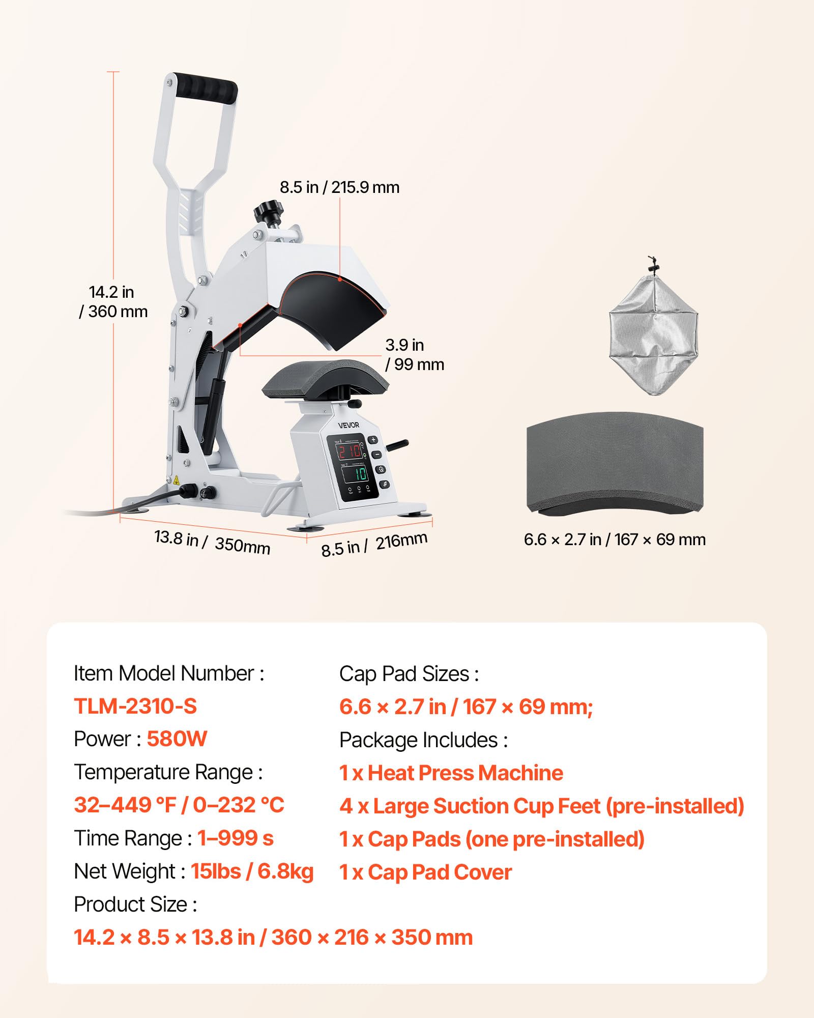 VEVOR Pressa a Caldo per Cappelli, Pressa per Trasferimento Termico di Cappelli 580 W Fai-da-Te Piastra Riscaldante 215 x 100 mm per Pressa Termica, Macchina per Pressatura Caldo Controllo LED