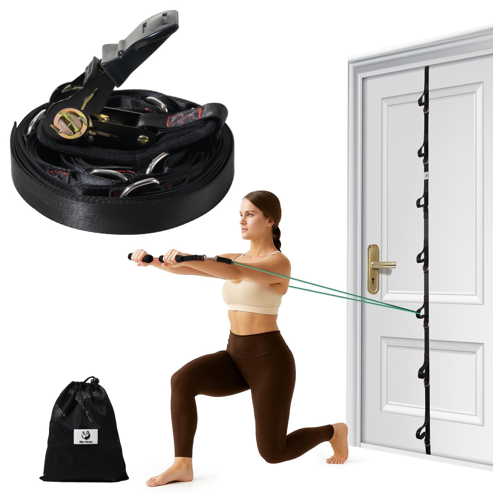 Slim Panda Door Anchor Strap for Resistance Bands, Door Exercise Equipment with Ratchet Adjust Tighten, Multi Point Anchor Gym Attachment for Home Gym Workouts