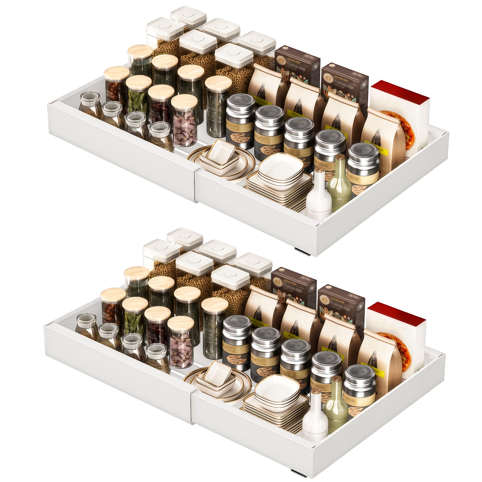 2 Stück erweiterbar ausziehbare schublade küche mit Kleber, Tiefe 42cm schrank organizer, Slide Out teleskopschublade Cabinet für Küche Organisation Einstellbare Breite 32-52cm, Weiß