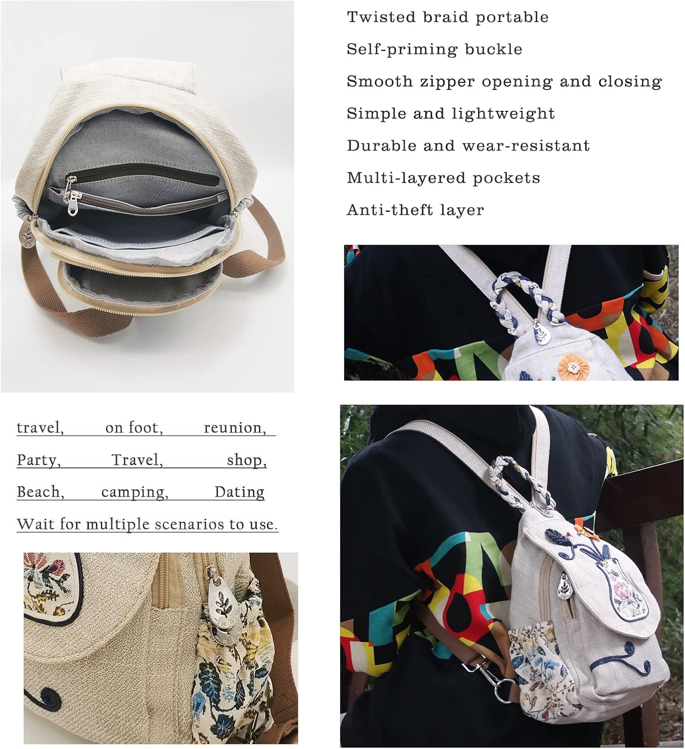 HUANGGUOSHU Women Cotton Woven Bohemian Hemp Boho Canvas Embroidery Multi Pocket Retro Cute Backpack Wallet Backpack（Vase） - Image 5