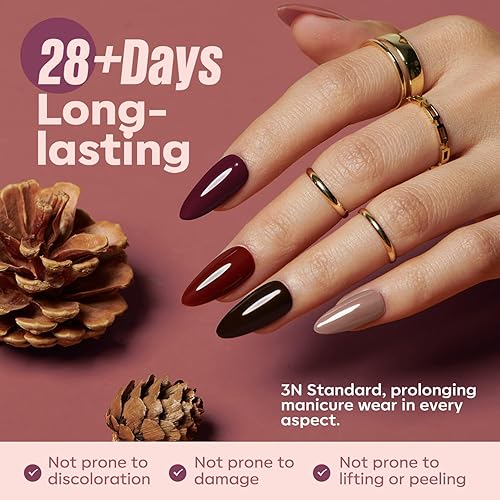 Miniatura 8 de MEFA Kit de 19 esmaltes de uñas de gel con luz UV, 12 colores de otoño, juego de esmaltes de uñas de gel de otoño, color burdeos, rojo champán,