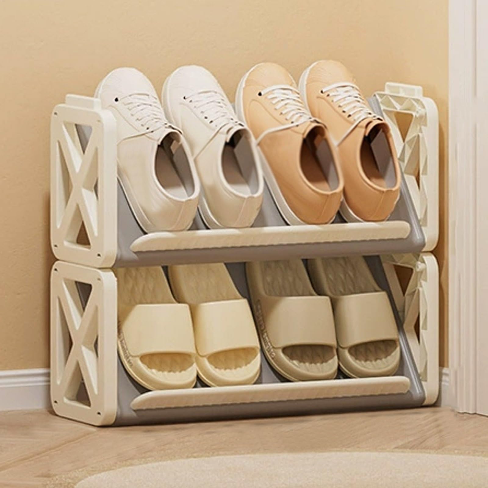 Stapelbares Schuhregal mit 2/3/4 Ablagen, Offenes, Schräges Schuhablage, Freistehendes Schuhständer for Eingangsbereich, Wohnzimmer, Schlafzimmer, Balkon, Badezimmer