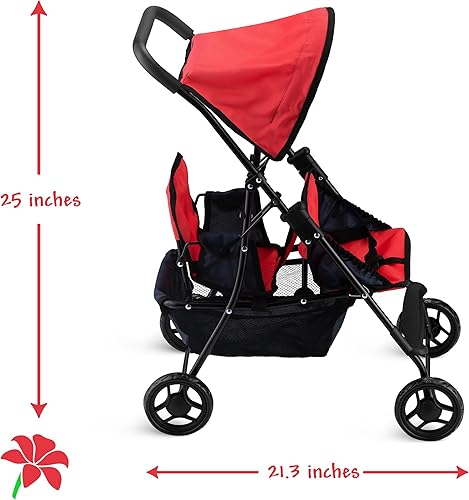 Miniatura 2 de Hushlily Tandem - Cochecito de muñeca doble con toldo ajustable y cesta, plegable, con ruedas suaves (rojo y azul)