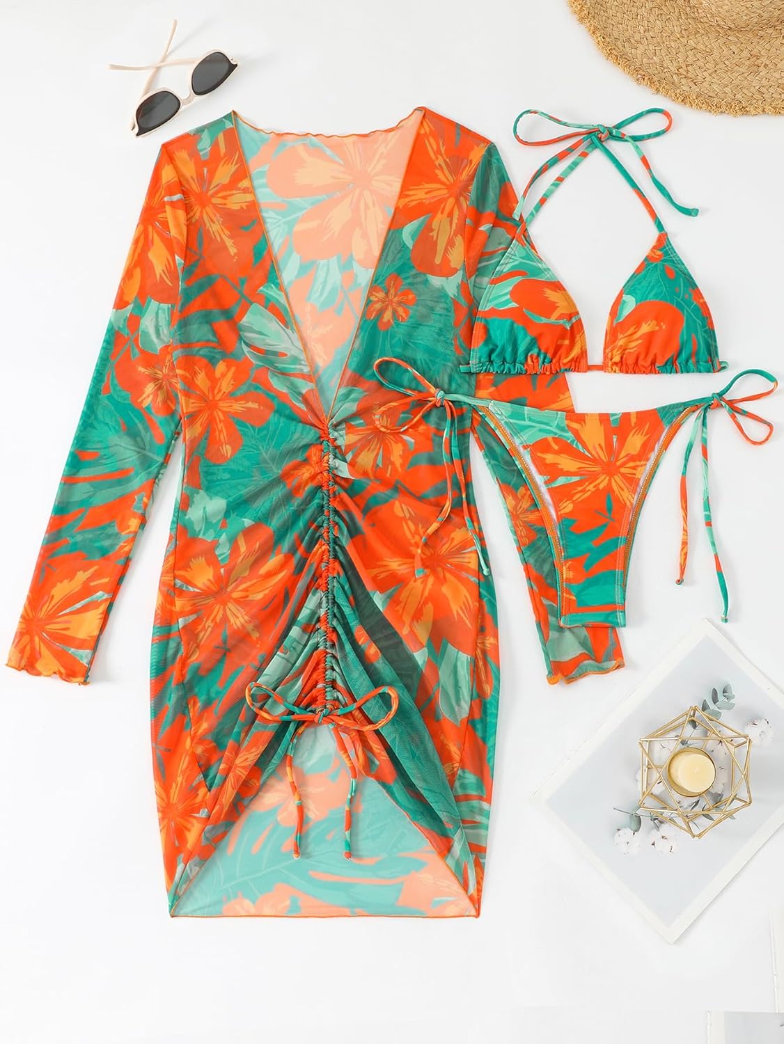SEGT Women's 3 Piece Bikini Sets Tropical Print Triangle Swimsuits Drawstrings Swim with Cover Up Dress Sexy Swimwear