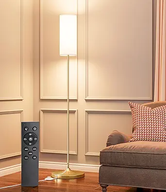 luckystyle LED Floor Lamp for Living Room, Dimmable Standing Lamps with Foot Switch,Remote Custom Color Temperature Gold Pole Lamp with Lampshade,12W Led Bulb Tall Lamps for Bedroom Office Kid Room