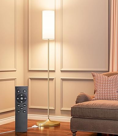 luckystyle LED Floor Lamp for Living Room, Dimmable Standing Lamps with Foot Switch,Remote Custom Color Temperature Gold Pole Lamp with Lampshade,12W Led Bulb Tall Lamps for Bedroom Office Kid Room