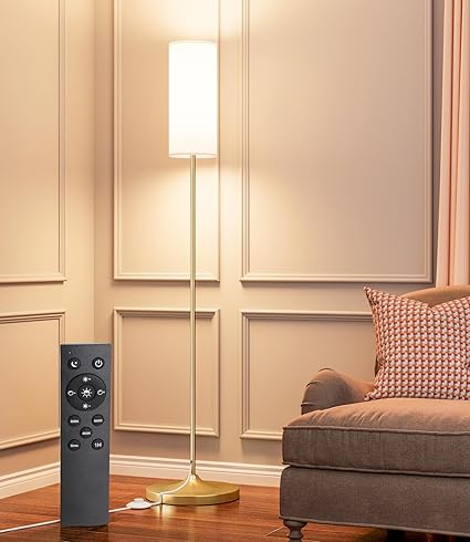 luckystyle LED Floor Lamp for Living Room, Dimmable Standing Lamps with Foot Switch,Remote Custom Color Temperature Gold Pole Lamp with Lampshade,12W Led Bulb Tall Lamps for Bedroom Office Kid Room