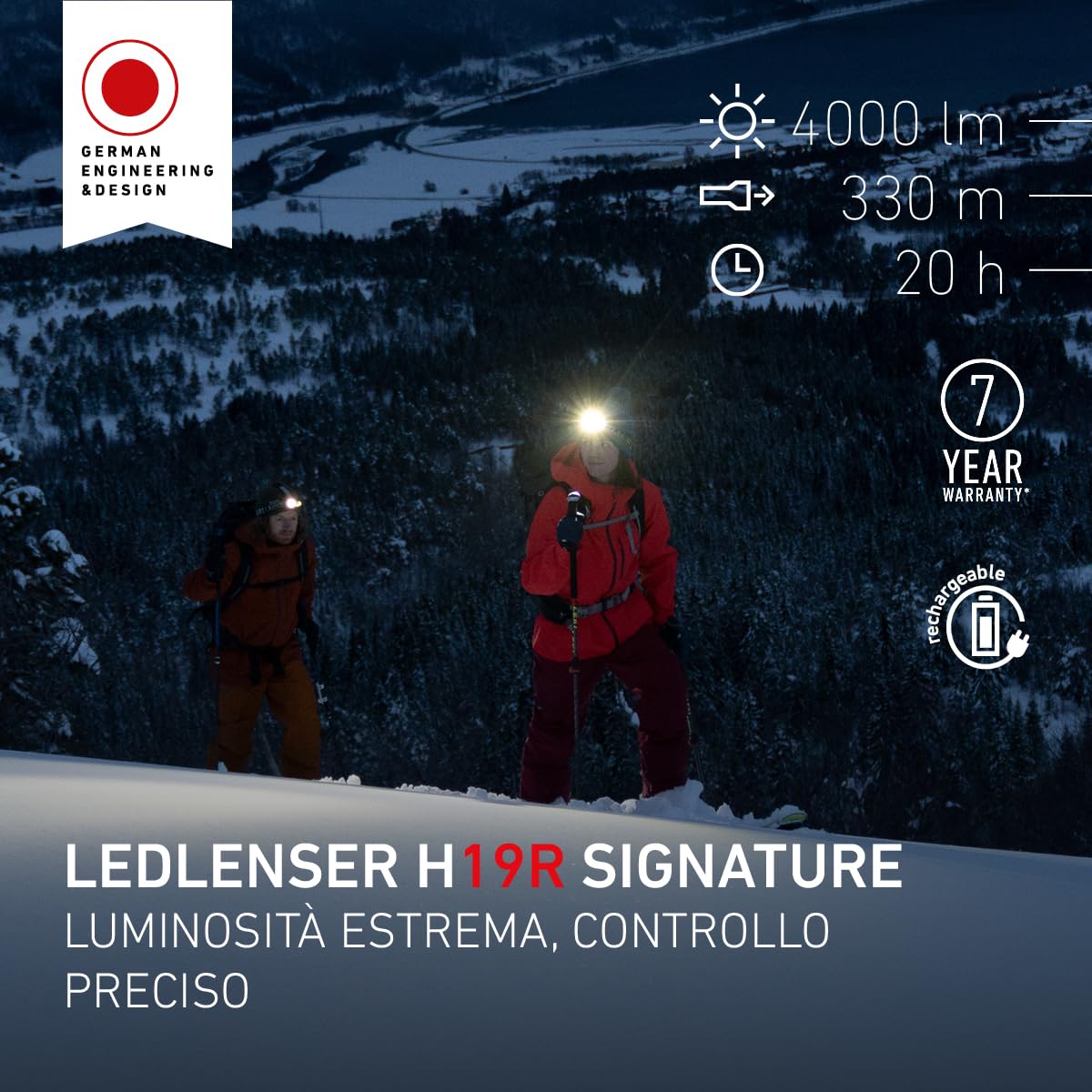 Ledlenser H19R Signature Premium Torcia Frontale LED, Ricaricabile, con Luce Rossa, Impermeabile IP67, 4000 Lumen, Telecomando Bluetooth, Portata Luminosa 330m, Cavo di ricaricamagnetico USB