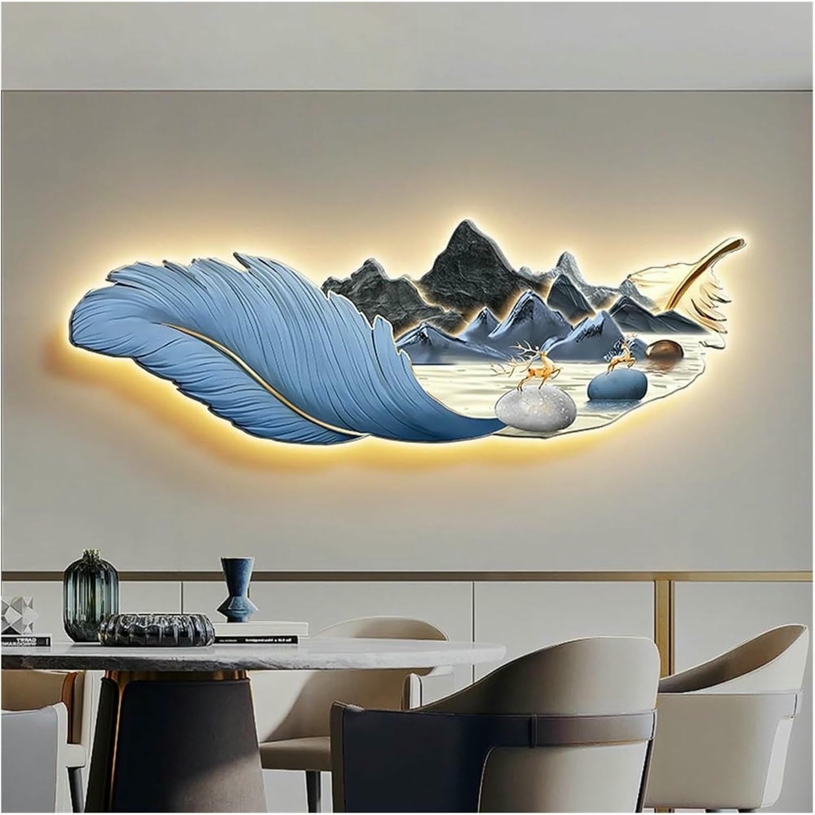 Pintura de Pared 3D con luz LED Regulable y Relieve de Pluma Moderno