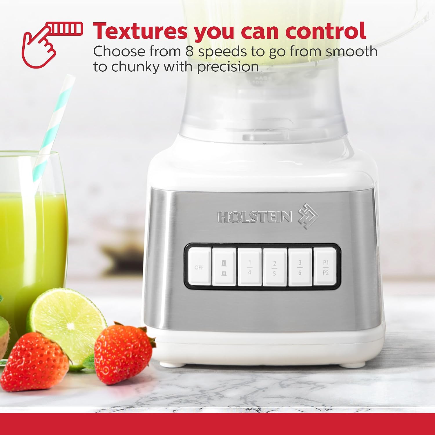 Holstein Housewares 8-Speed Countertop Blender – 500W Power, 50oz (1.5L/6-Cup) Durable Plastic Jar, Easy Controls – Ideal for Smoothies, Shakes, Sauces & Meal Prep, White