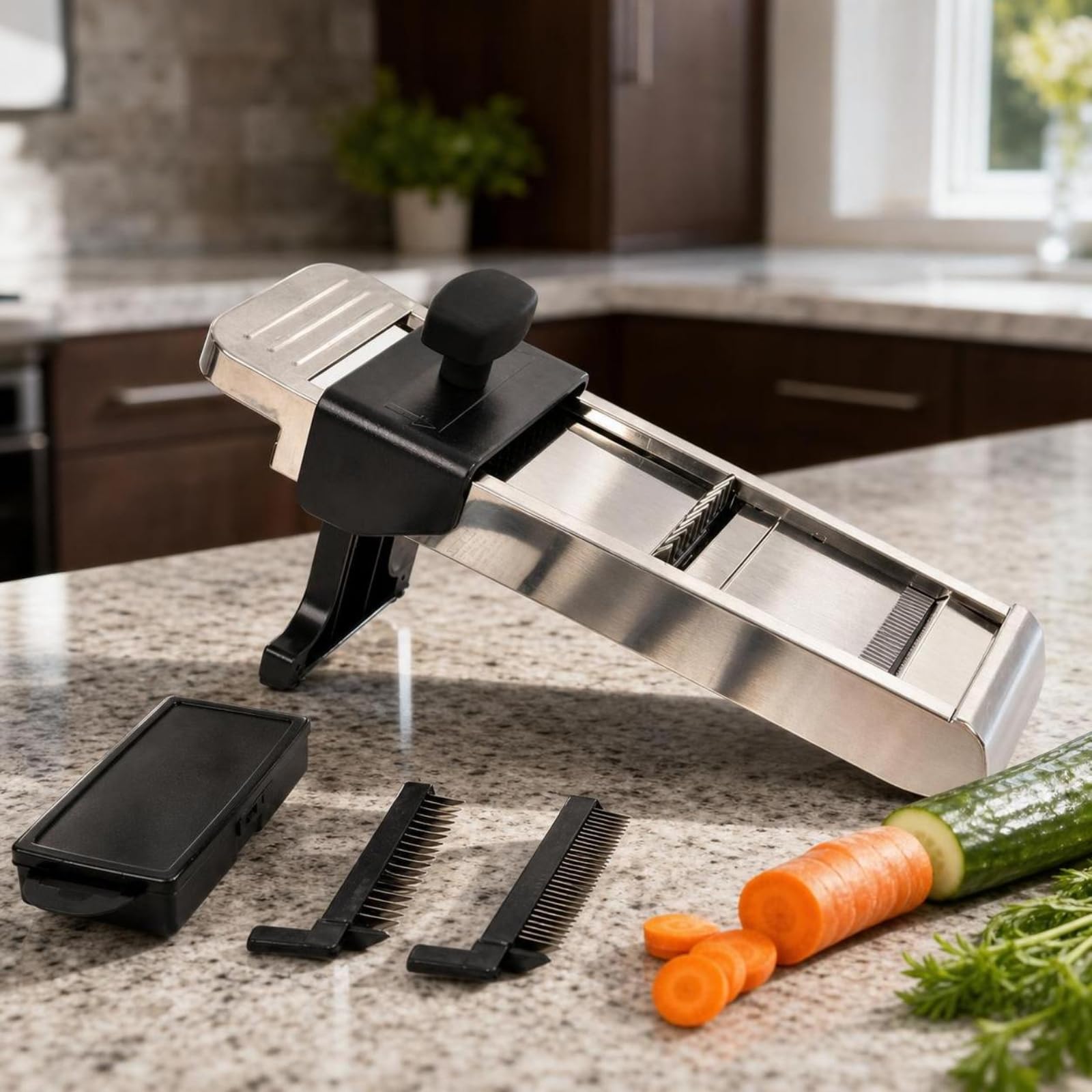 Amagogo Mandolina de Cocina Rebanador Rallador Grosor de 1 Mm a 10 Mm Cuerpo de Acero Inoxidable y Patas Plegables Apta para Patatas y Pepinos