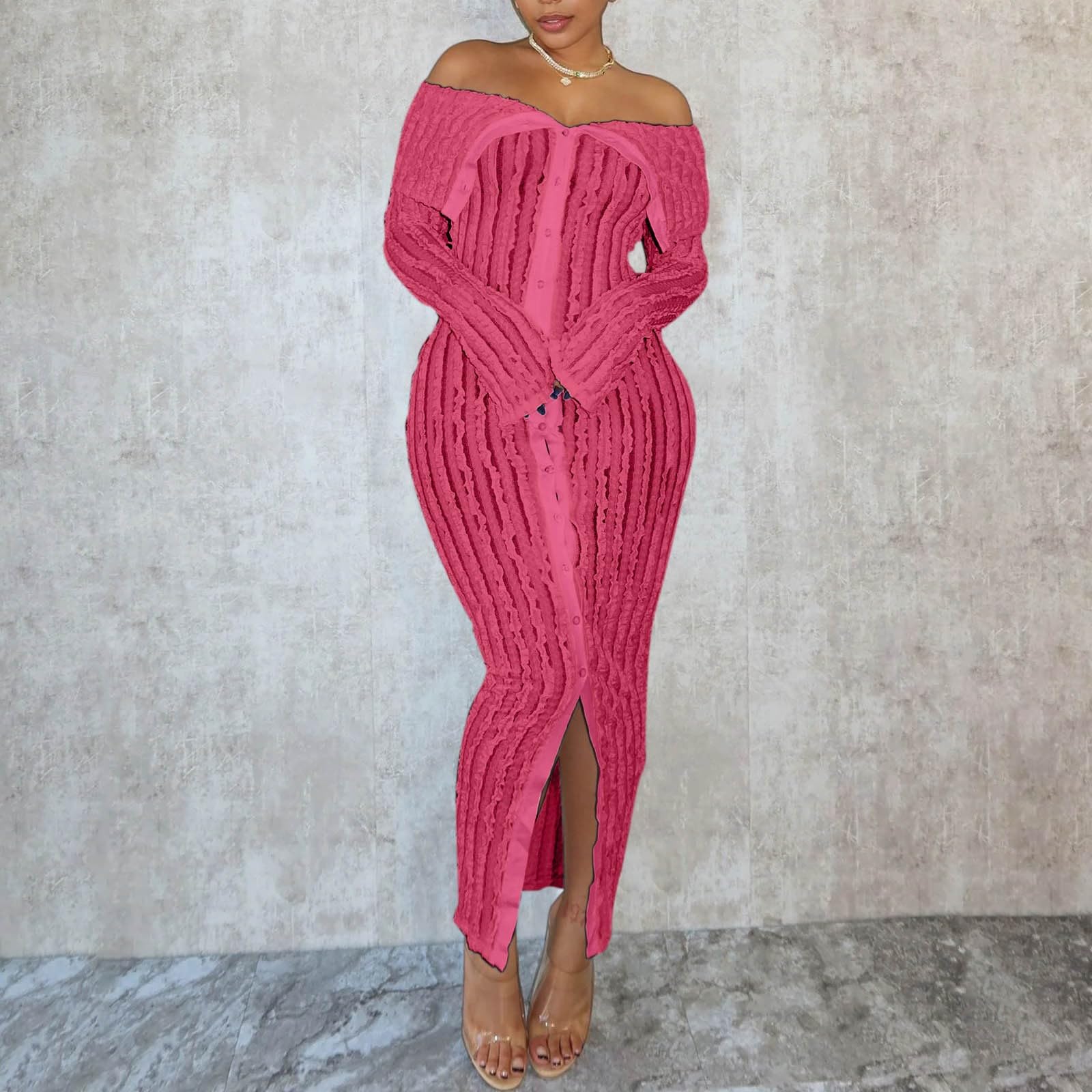Faschingskostüme Damen Elegantes Off Shoulder Kleid Damen Sexy Langarm Knopfleiste Rüschen Bodycon Midi Perfekt Für Event Und Abend Bodyconkleid