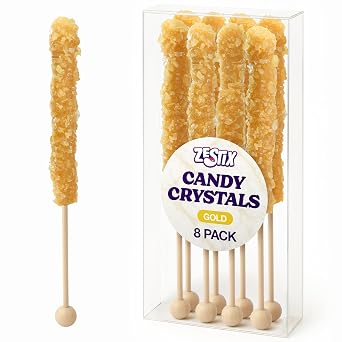 Gold Rock Candy Sticks Tropical Flavor 8 Count Individually Wrapped Cocktail Garnish, Party Favor Wedding Decor, Baby Shower, Birthday Display
